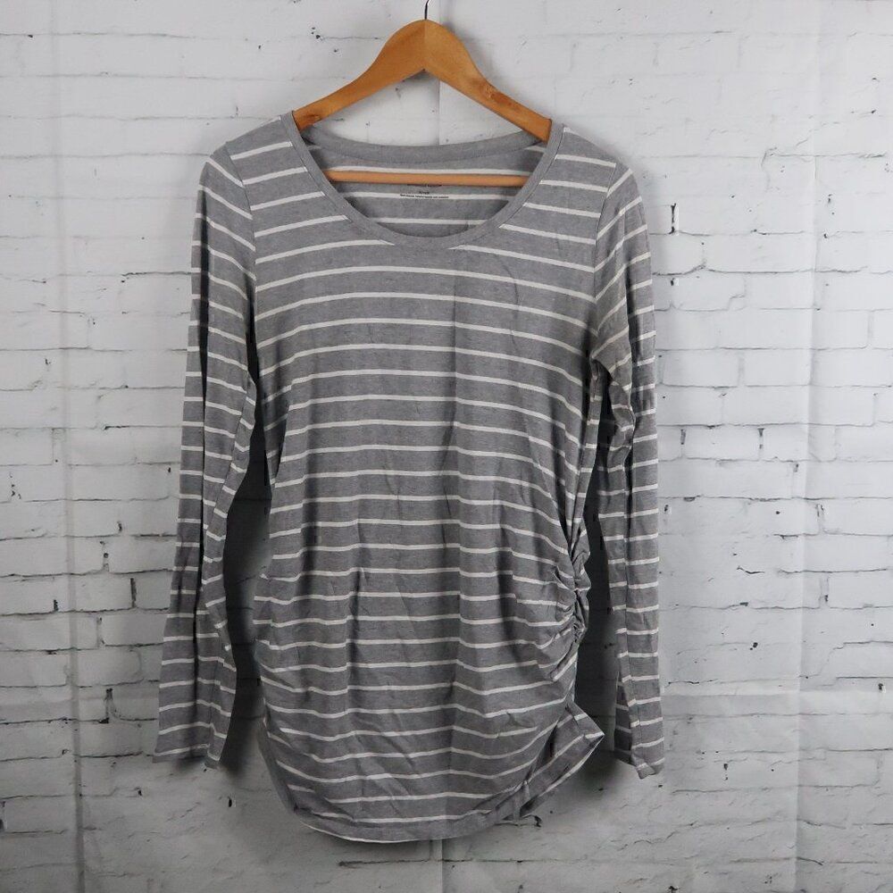 BUMPSTART GREY & WHITE STRIPE LONG SLEEVE ROUND SCOOP NECK MATERNITY TOP SIZE M